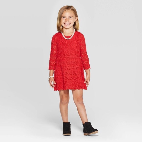 cat and jack crochet dress Girls 3/4 Sleeve Shine Crochet Sweater Dress Cat & Jack Red